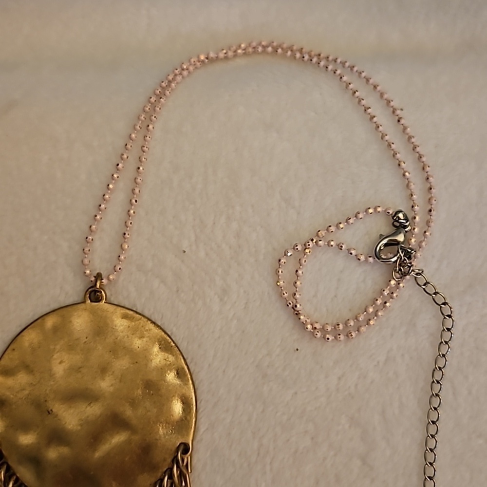 Vintage Hammered Shield Fringe Pendant Chain Festival Necklace - Picture 3 of 5